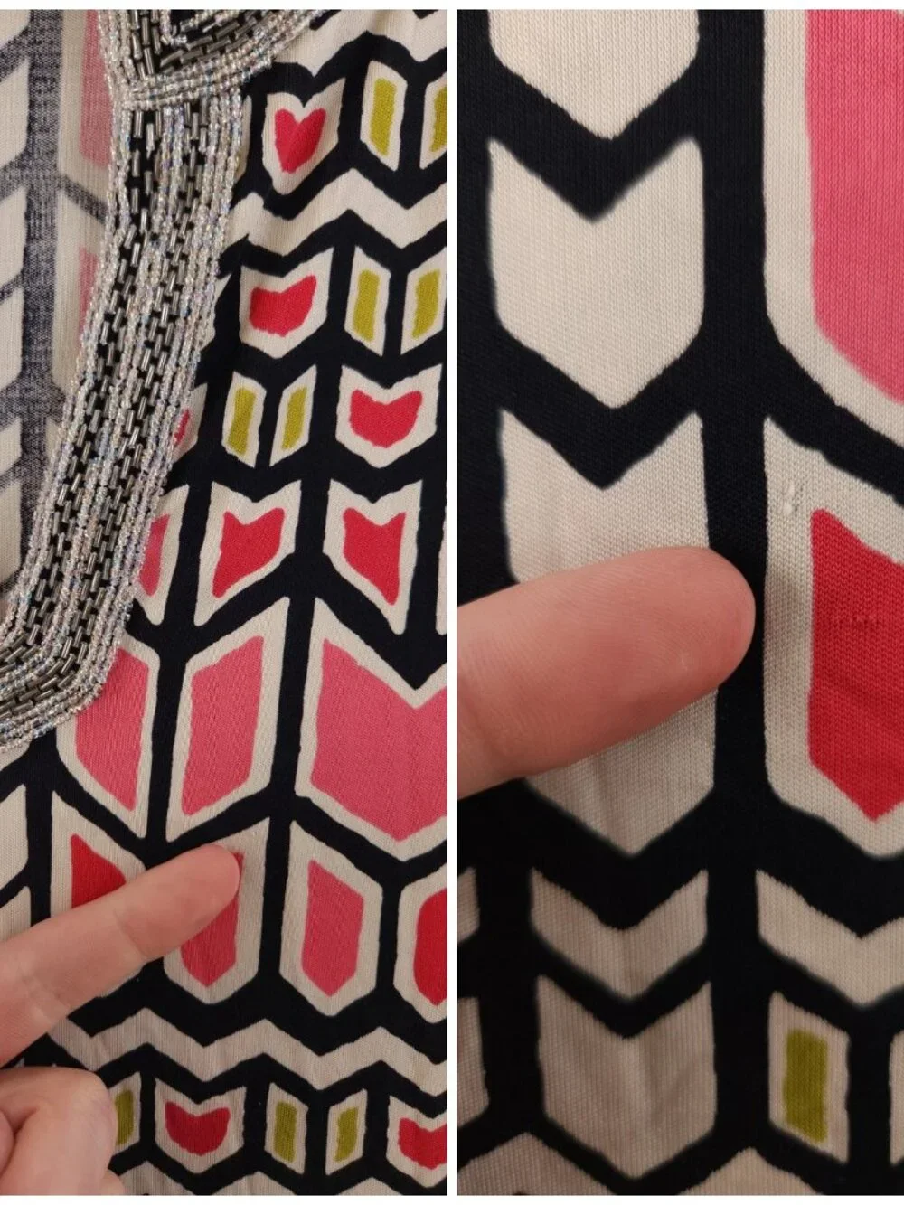 TORY BURCH Women All Silk Geometric Beaded Pullover V Neck Small Shirt Top